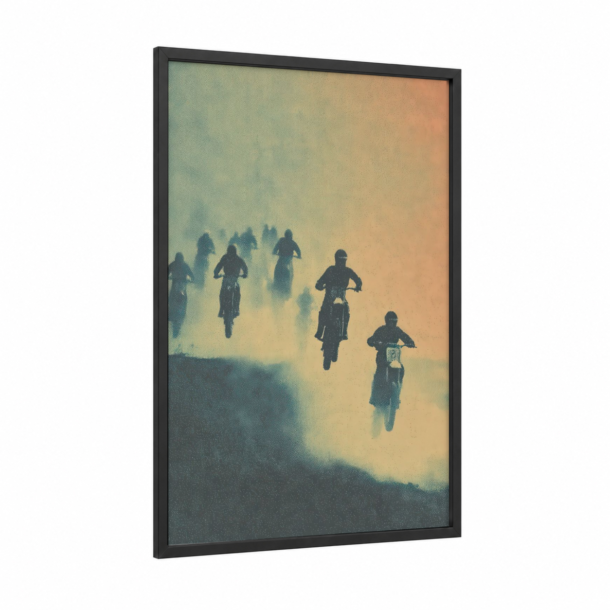 Desert Dust Motocross framed art print — black wood frame — gold and teal palette