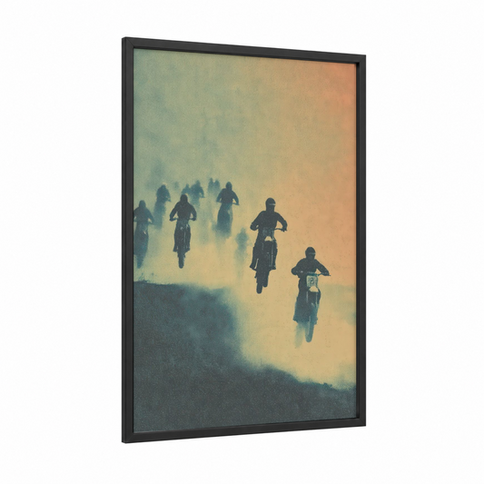 Desert Dust Motocross framed art print — black wood frame — gold and teal palette