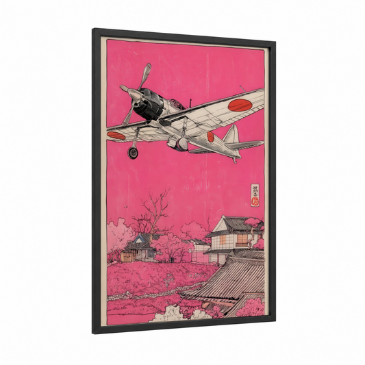 Pink Sky Vintage framed vintage airplane print — black wood frame — magenta and gold palette
