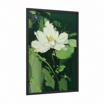 White Lotus Study framed abstract flower print — black wood frame — white and true green palette
