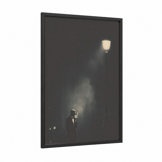Noir Solitude framed smoke print — black wood frame — black and white and dove gray palette