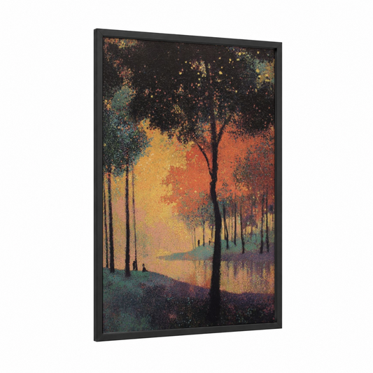 Firefly Forest Sunset framed fireflies print — black wood frame — gold and orange palette