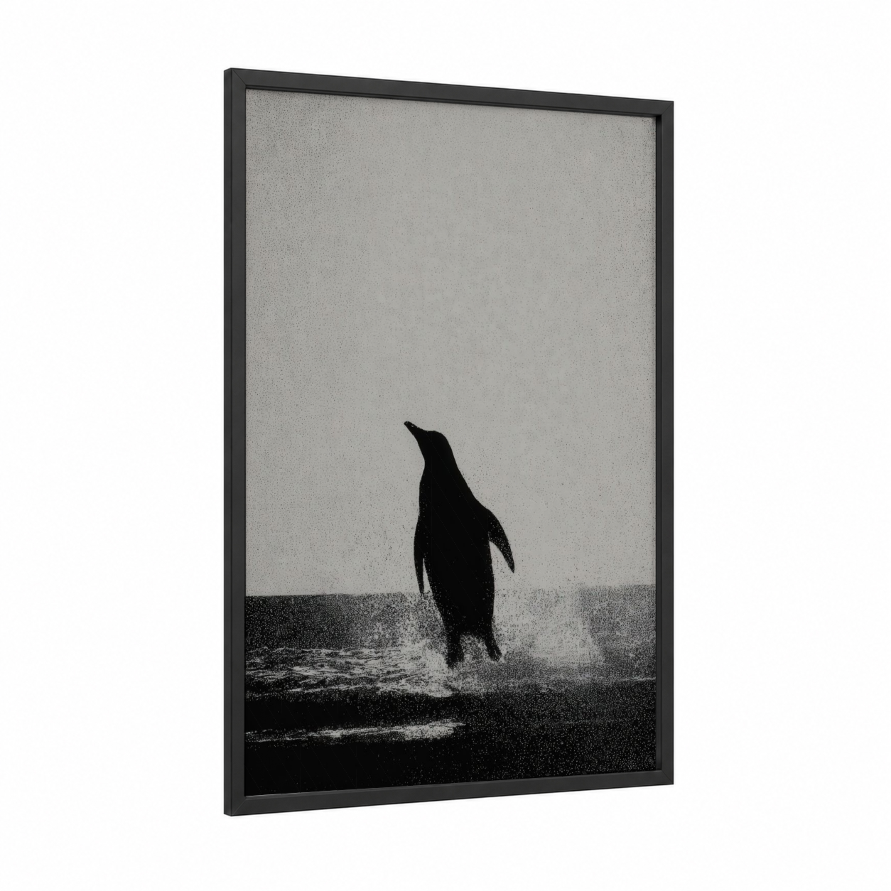 Emerging Penguin framed art print — black wood frame — black and white palette