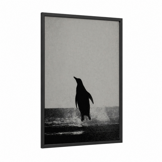 Emerging Penguin framed art print — black wood frame — black and white palette