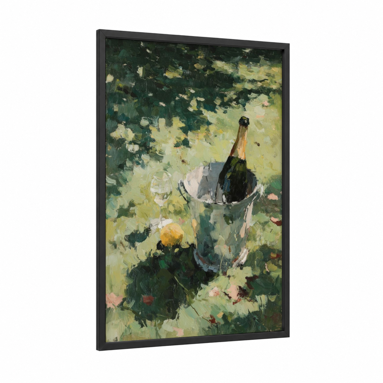 Garden Celebration framed champagne print — black wood frame — light green and yellow gold palette