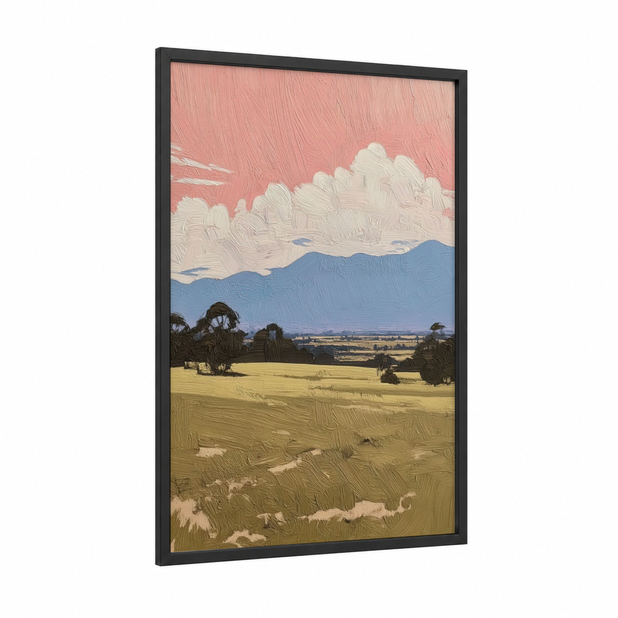 Golden Valley Vista framed various landscapes print — black wood frame — yellow gold and blue palette