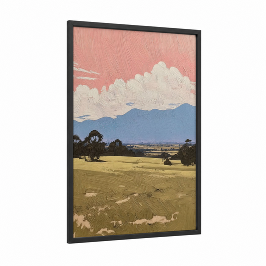 Golden Valley Vista framed various landscapes print — black wood frame — yellow gold and blue palette