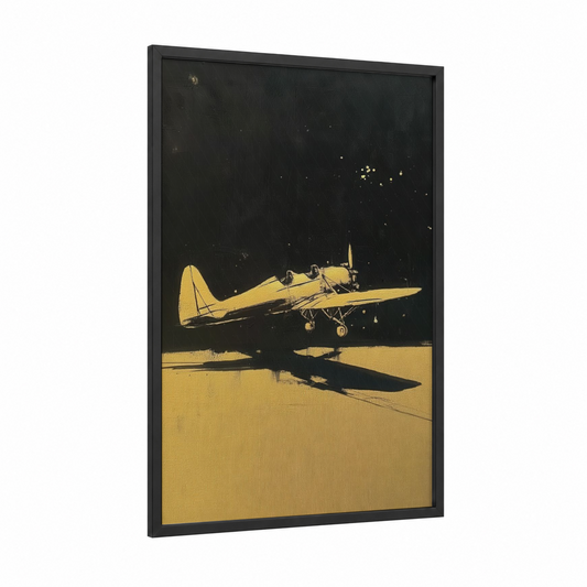 Golden Takeoff framed vintage airplane print — black wood frame — yellow gold and black palette
