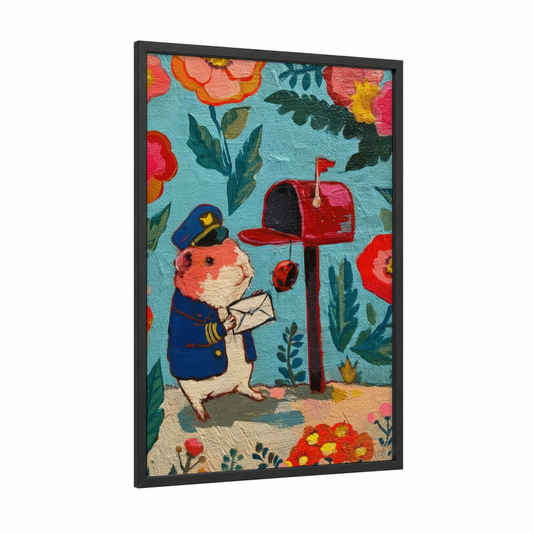 Postal Hamster framed art print — black wood frame — blue and red palette
