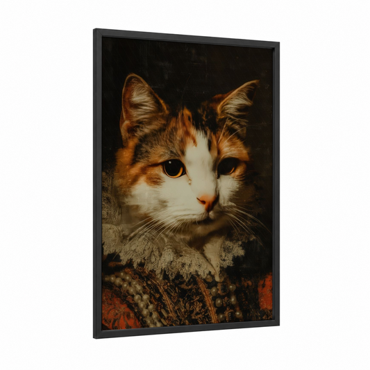 Renaissance Feline framed cat print — black wood frame — gold and white palette
