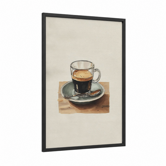 Espresso Moment framed coffee print — black wood frame — cream and sage green palette