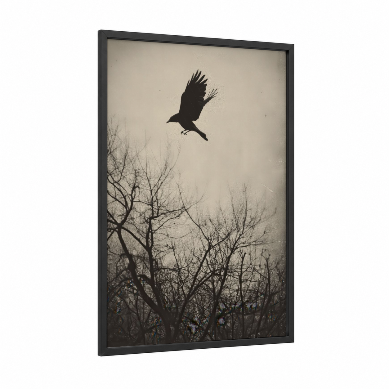 Ascending Raven framed crows and ravens print — black wood frame — black and white and gray palette