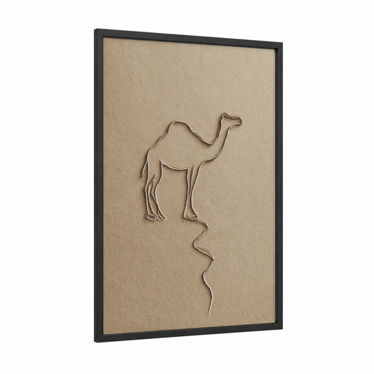 Minimalist Camel framed art print — black wood frame — beige and brown palette