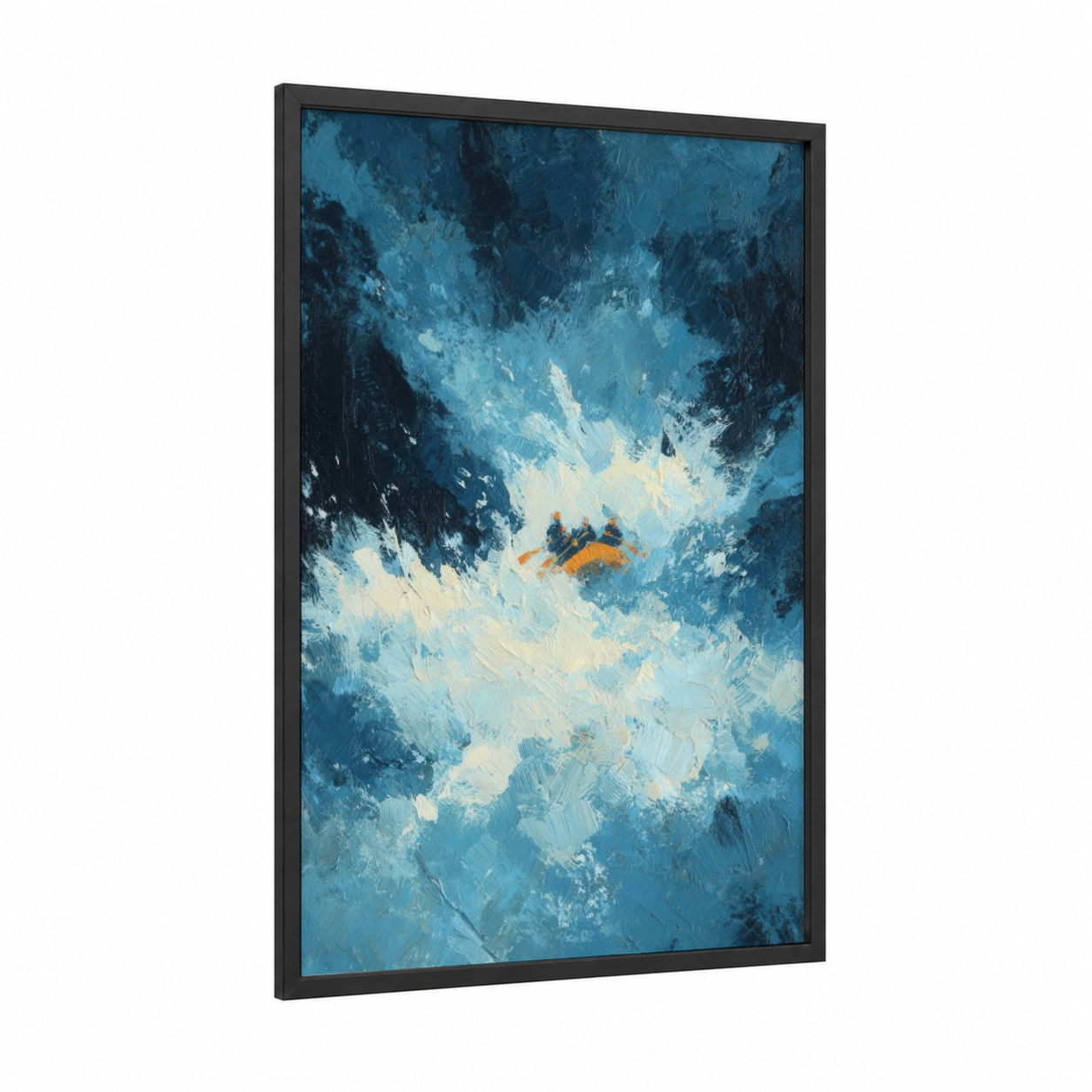 Whitewater Adventure framed rafting print — black wood frame — blue and orange palette