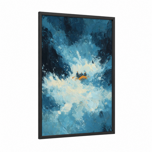 Whitewater Adventure framed rafting print — black wood frame — blue and orange palette