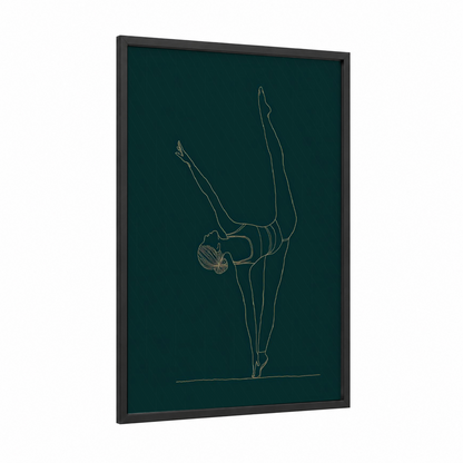 Mindful Headstand framed fitness yoga print — black wood frame — dark blue and gold palette