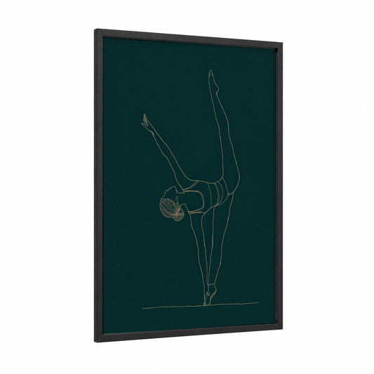 Mindful Headstand framed fitness yoga print — black wood frame — dark blue and gold palette