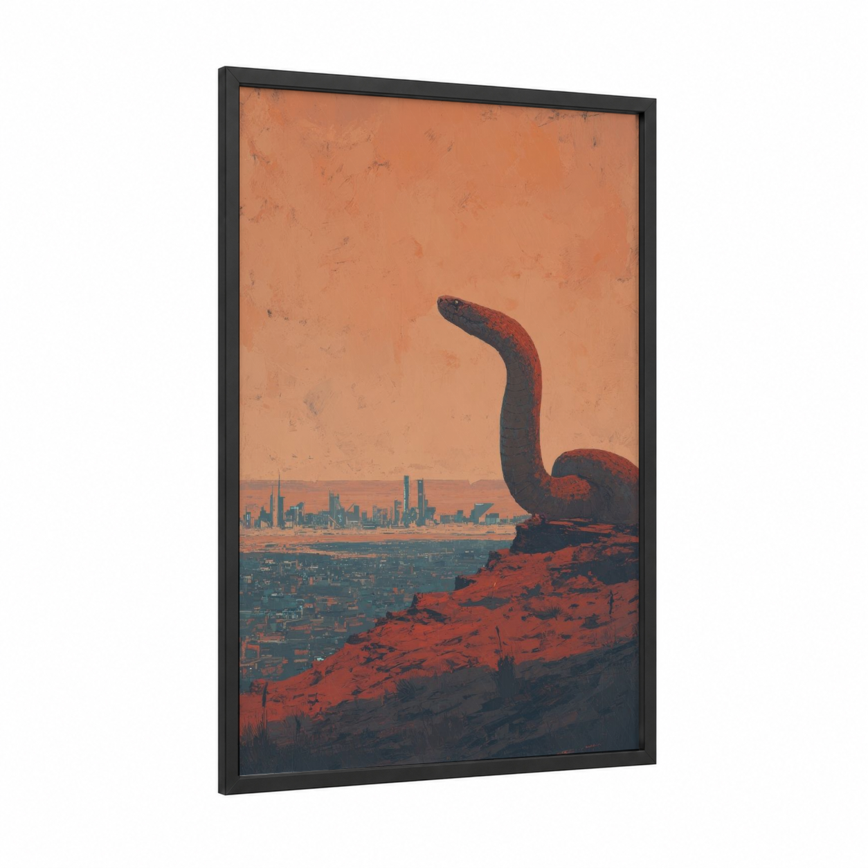 Desert Rattlesnake framed art print — black wood frame — orange and brown palette