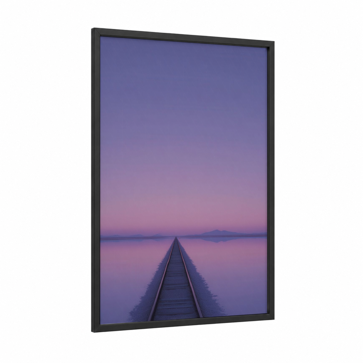 Infinite Rails framed train tracks print — black wood frame — purple and lavender palette
