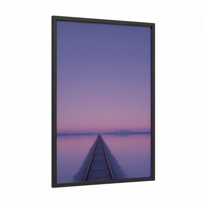 Infinite Rails framed train tracks print — black wood frame — purple and lavender palette