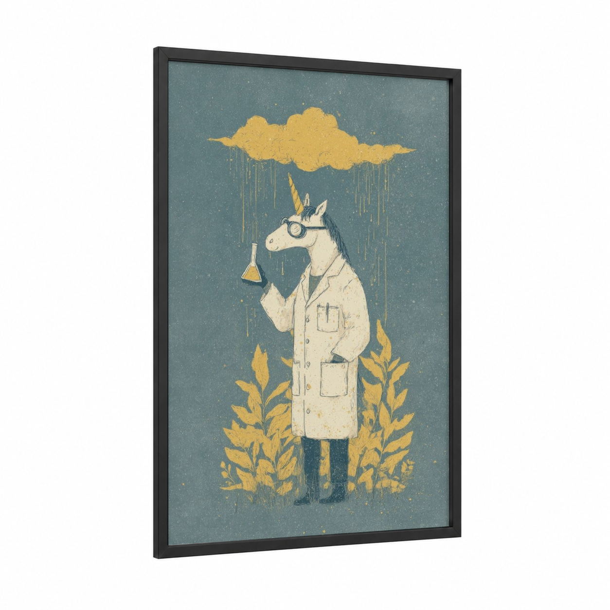 Scientist Unicorn framed unicorns print — black wood frame — gold and teal palette