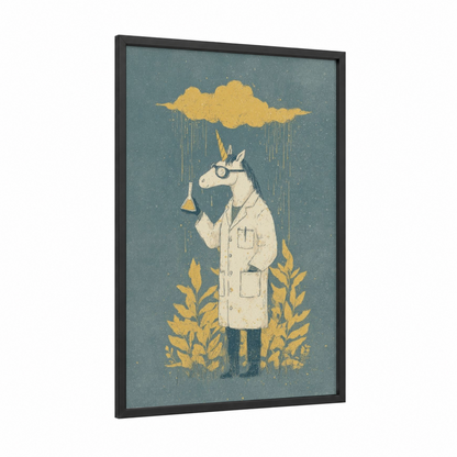 Scientist Unicorn framed unicorns print — black wood frame — gold and teal palette
