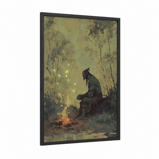 Firelit Orc framed art print — black wood frame — olive and gold palette