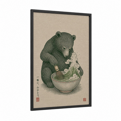 Japanese Bear Cooking Ramen Wall Art framed art print — black wood frame — true green and cream palette