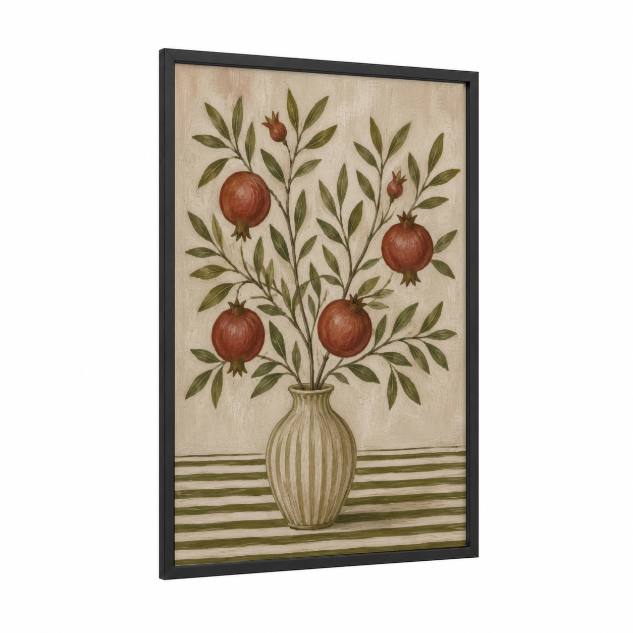 Pomegranate Branch In Vase Wall Art framed plant print — black wood frame — beige and olive palette