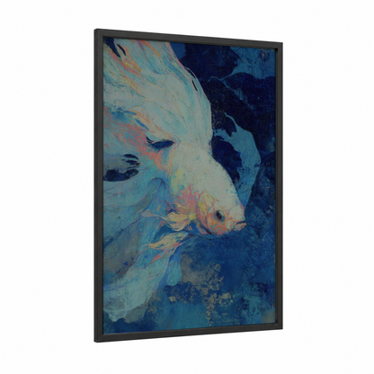 Azure Discus Fish framed art print — black wood frame — blue and gold palette