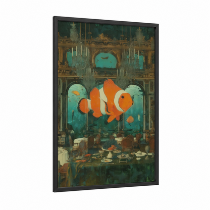Ballroom Clownfish framed clown fish print — black wood frame — teal and orange palette