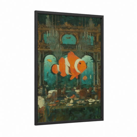 Ballroom Clownfish framed clown fish print — black wood frame — teal and orange palette