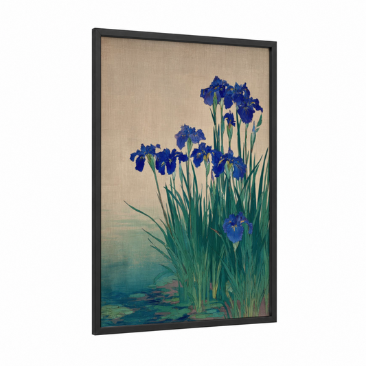 Blue Irises framed art print — black wood frame — blue and green palette