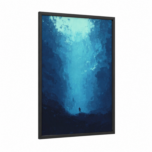 Abyssal Dive framed diving print — black wood frame — blue and dark blue palette
