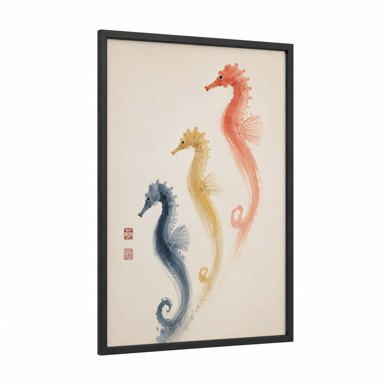 Watercolor Seahorse Trio Wall Art framed sea horse print — black wood frame — peach and blue palette
