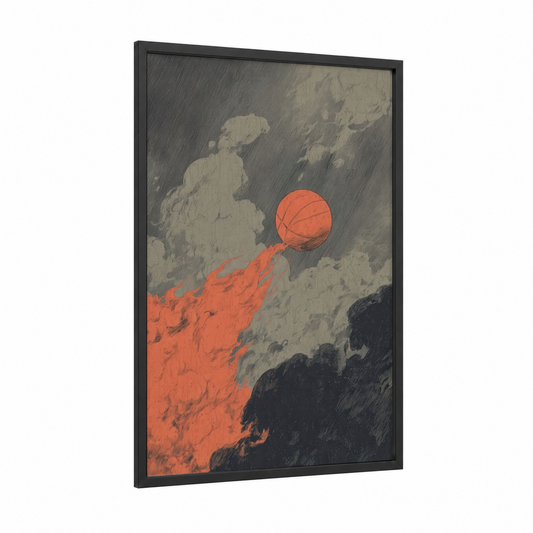 Flaming Ascent framed basketball print — black wood frame — gray and orange palette