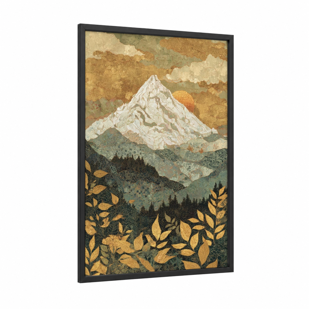Alpine Everest framed mount everest print — black wood frame — sage green and gold palette
