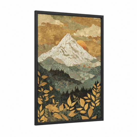 Alpine Everest framed mount everest print — black wood frame — sage green and gold palette