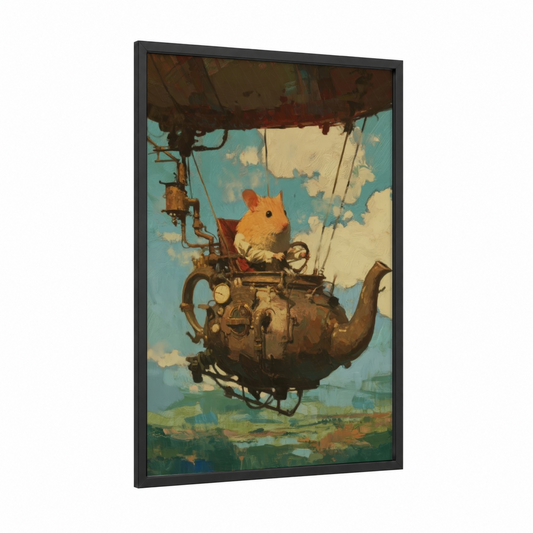 Steampunk Hamster framed art print — black wood frame — teal and gold palette