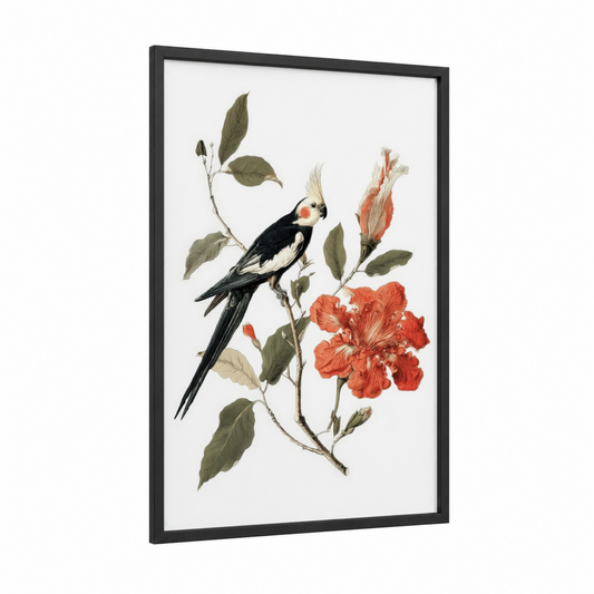 Cockatiel Among Blooms framed art print — black wood frame — red and sage green palette