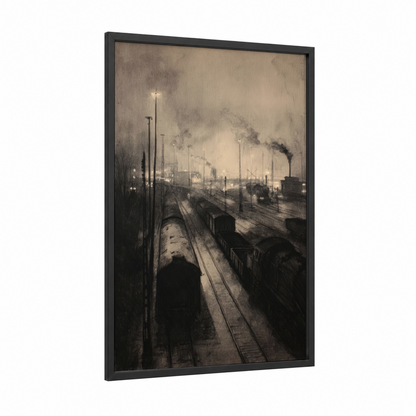 Industrial Railway Yard framed train print — black wood frame — espresso and gray palette