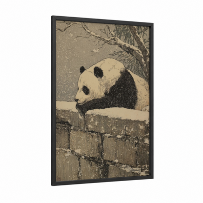 Snowy Panda framed art print — black wood frame — cream and black palette