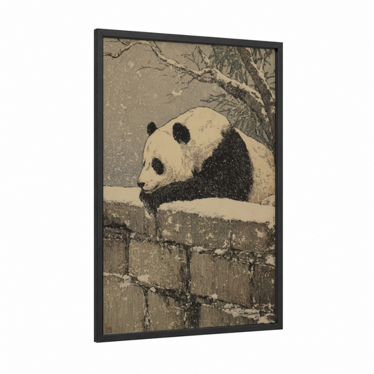 Snowy Panda framed art print — black wood frame — cream and black palette