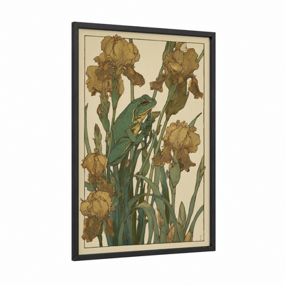 Iris Frog framed frogs and toads print — black wood frame — gold and true green palette