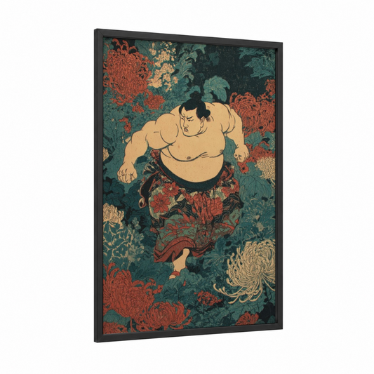 Chrysanthemum Sumo framed art print — black wood frame — teal and gold palette