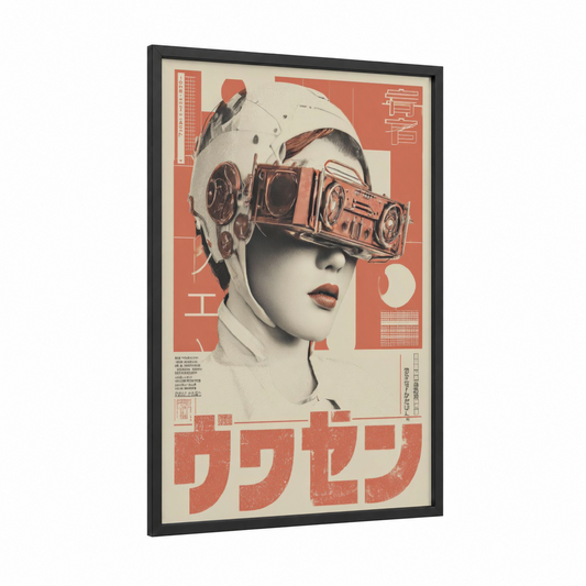 Retro Cyber Vision framed japanese retrofuturism print — black wood frame — russet and cream palette