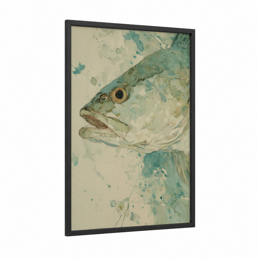 Coastal Snook framed art print — black wood frame — teal and cream palette