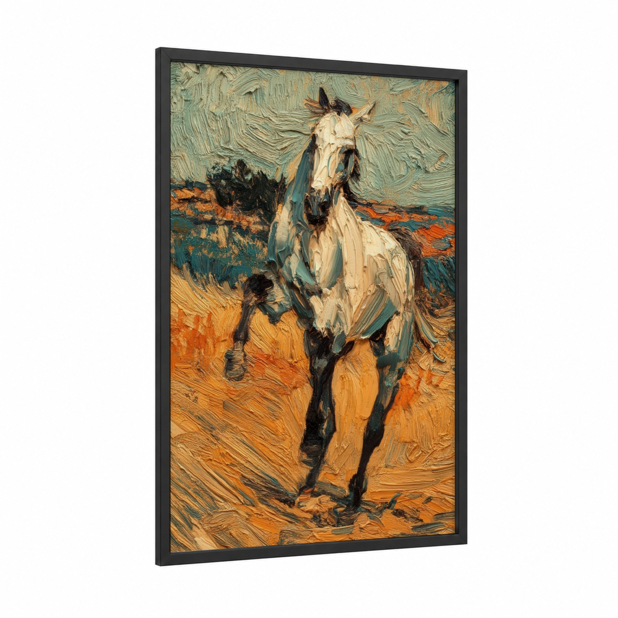 Desert Arabian framed arabian horse print — black wood frame — gold and teal palette