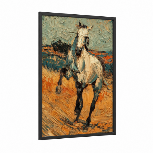 Desert Arabian framed arabian horse print — black wood frame — gold and teal palette
