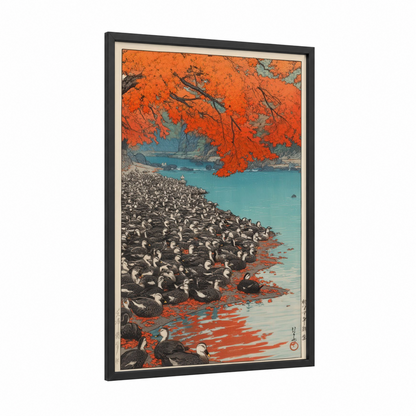 Autumn Duck Haven framed ducks print — black wood frame — orange and teal palette
